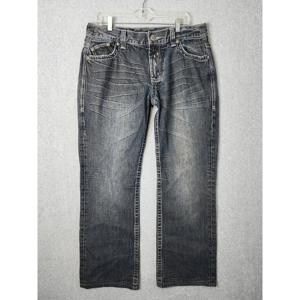 Affliction Cooper Relaxed Boot 36 Dark Wash Jean Whiskered Embroidery 31" Inseam